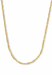 Gold twisted rope chain necklace with a smooth, shiny finish. Features interwoven links creating a textured appearance.