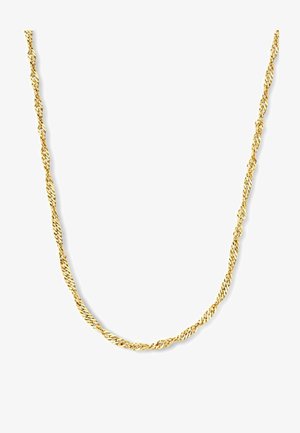 Gouden gedraaide koordketting met een gladde, glanzende afwerking. Bevat verweven schakels die een gestructureerd uiterlijk creëren.