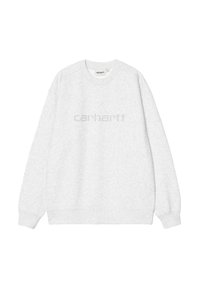 Sudadera gris claro de tela suave, con un cuello redondo, mangas raglán y un logo "carhartt" en relieve en el pecho.