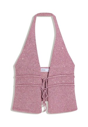 Top à col halter en maille rose poussiéreuse avec lacets à l'avant et détails subtils pailletés, sans manches avec un décolleté plongeant en V.