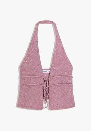 Top à col halter en maille rose poussiéreuse avec lacets à l'avant et détails subtils pailletés, sans manches avec un décolleté plongeant en V.