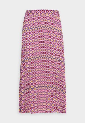 Jupe midi évasée en tissu avec un motif de diamants violet, rose et jaune; dotée d'une taille smockée et d'un design plissé.