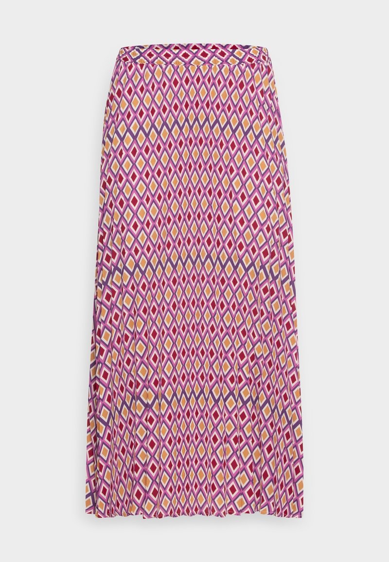 Jupe midi évasée en tissu avec un motif de diamants violet, rose et jaune; dotée d'une taille smockée et d'un design plissé.