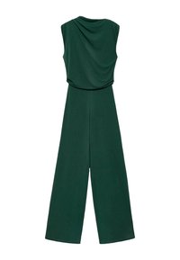 Mono verde sin mangas con escote drapeado, diseño de pierna ancha y textura suave. Presenta una espalda sin costuras sin cierres visibles.