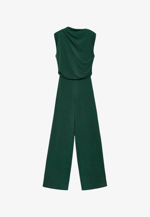 Combinaison sans manches verte avec un décolleté drapé, un design à jambes larges et une texture douce. Présente un dos sans couture sans fermetures visibles.