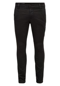 Czarne spodnie slim-fit wykonane z mieszanki bawełny, z standardowymi kieszeniami, pętelkami na pasek i zapięciem na guzik, o gładkiej strukturze.