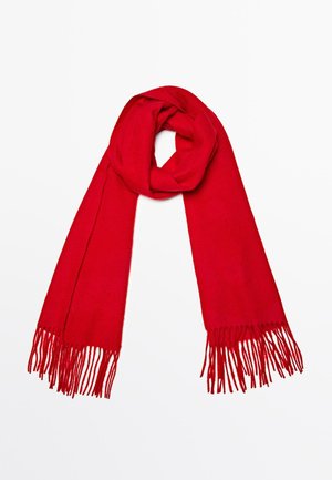 Roter Schal mit Fransen an den Enden, aus weichem Material gefertigt, mit einem einfachen, langen Design, das sich gut zum Umwickeln um den Hals eignet.