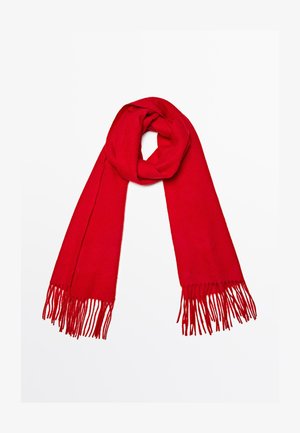 Roter Schal mit Fransen an den Enden, aus weichem Material gefertigt, mit einem einfachen, langen Design, das sich gut zum Umwickeln um den Hals eignet.