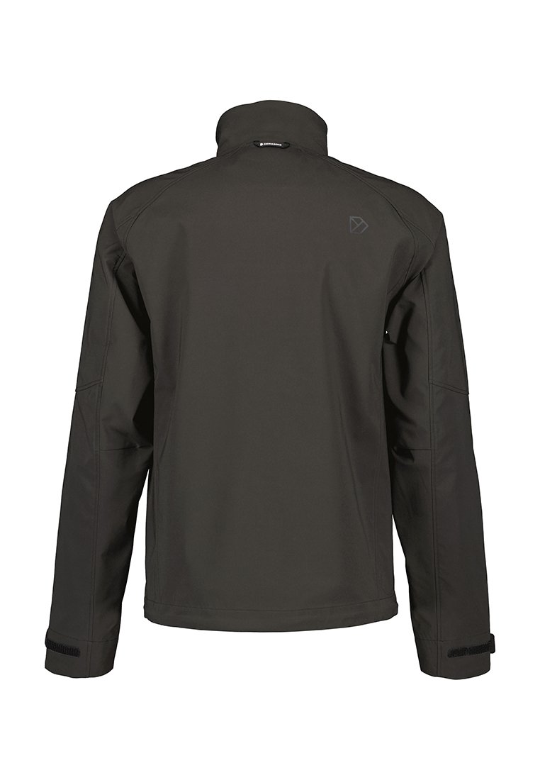 Schwarze Softshell-Jacke mit hohem Kragen, Reißverschlussärmel und minimalistischem Design. Verfügt über ein Logo auf der Rückseite. Glatte Textur.