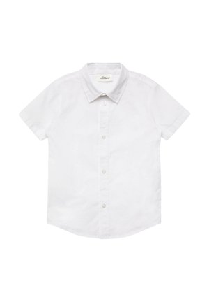 Biała, krótka koszula na guziki z kołnierzykiem, pięć guzików z przodu oraz metka s.Oliver wewnątrz kołnierzyka.