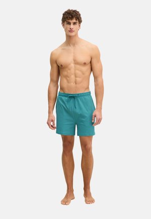 Junger Mann mit lockigem Haar, barfuß stehend, trägt türkisfarbene Badeshorts mit Kordelzug vor einfachem weißem Hintergrund.