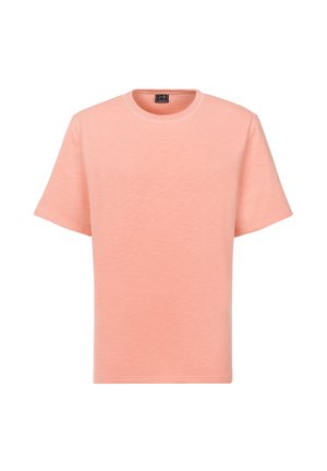 Soft pink short-sleeve crew neck T-shirt with a subtle heather texture, displayed on a white background.