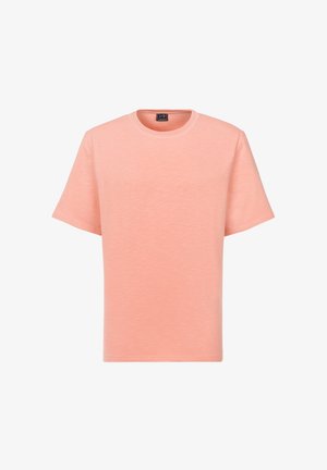 Soft pink short-sleeve crew neck T-shirt with a subtle heather texture, displayed on a white background.