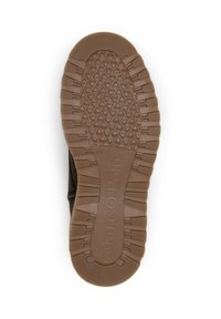 Braune Gummisohle mit einem strukturierten Grip-Muster, einem erhabenen sechseckigen Design und dem eingeprägten Markennamen "Marc O'Polo".