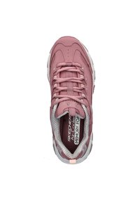 Roze Skechers sneaker met dikke zool, stoffen voering, vetersluiting en zichtbare 'Air-Cooled Memory Foam' binnenzool.