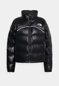 Black puffer jacket with a shiny finish, high collar, horizontal quilted panels, front zipper, and a reflective white stripe across the chest.