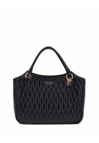 Bolso de mano acolchado negro con dos asas, herrajes dorados brillantes y un logotipo prominente en el frente. Presenta una forma redondeada y una textura suave.