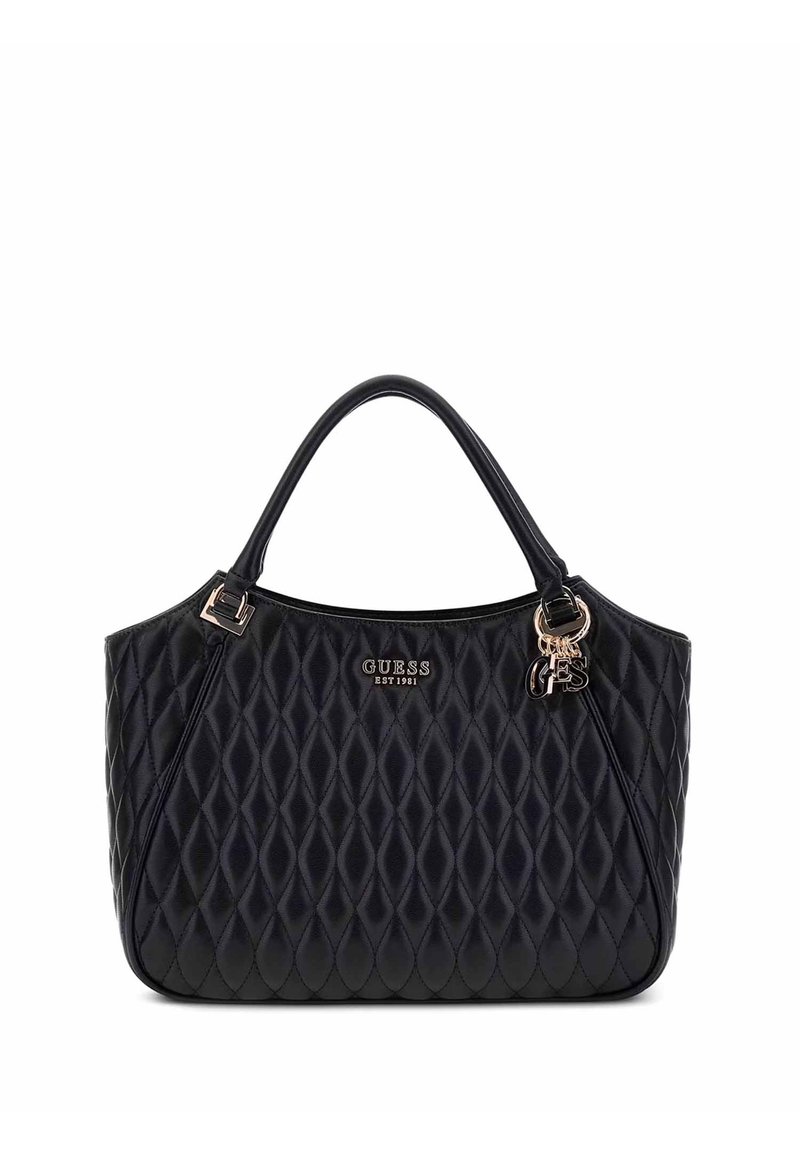 Bolso de mano acolchado negro con dos asas, herrajes dorados brillantes y un logotipo prominente en el frente. Presenta una forma redondeada y una textura suave.
