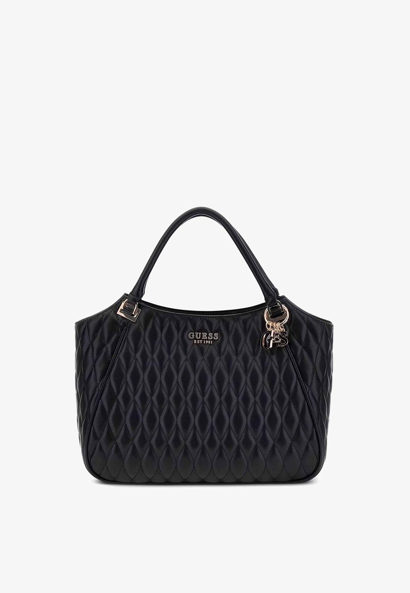 Bolso de mano acolchado negro con dos asas, herrajes dorados brillantes y un logotipo prominente en el frente. Presenta una forma redondeada y una textura suave.
