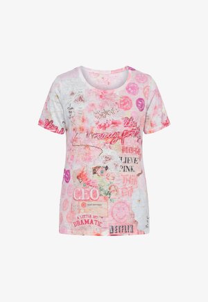 Korte mouwen roze-wit tie-dye shirt met gemengde tekst, bloemenpatronen, lachende gezichten en een prominent Netflix-logo onderaan aan de voorkant.
