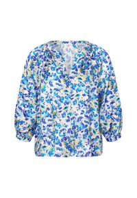 Blouse à manches longues à motif floral bleu et blanc, avec encolure froncée et boutons sur le devant, coupe ample et poignets élastiques.