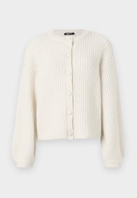 Krémový pletený kardigán s okrúhlym výstrihom, zapínaním na gombíky, rebrovanou textúrou a balónovými rukávmi, ktorý sa vyznačuje uvoľneným, skráteným strihom.