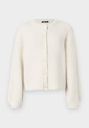 Crème, gebreide cardigan met een ronde halslijn, knoopsluiting, ribbeltextuur en ballonmouwen, met een ontspannen, cropped pasvorm.