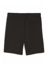 Pantalones cortos deportivos negros hechos de una tela suave, con una cinturilla elástica y una textura suave, de corte clásico y sin patrones visibles.
