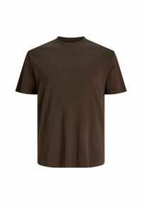 Brown cotton t-shirt with a crew neck. Short sleeves and a relaxed fit. Smooth texture, plain design, and no visible graphics or patterns.