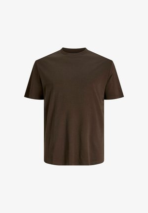 Brązowy bawełniany t-shirt z okrągłym dekoltem. Krótkie rękawy i luźny krój. Gładka faktura, jednolity wzór, bez widocznych grafik ani wzorów.