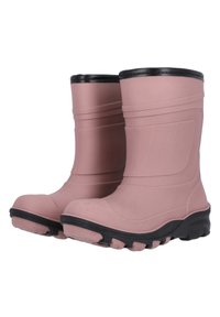 Bottes en caoutchouc roses avec une surface lisse, un design nervuré et des semelles noires. Présentent un bout arrondi et une hauteur moyenne sans motifs visibles.