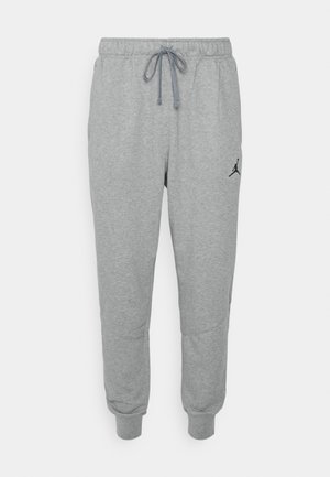 Sive hlače od pamuka, s elastičnim pojasom i vezicom, sužene nogavice i crnim logotipom na lijevom bedru.