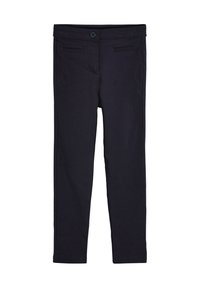 Pantaloni blu navy scuri con una texture liscia, design slim fit, chiusura con bottone e due tasche frontali. Stile semplice e versatile.