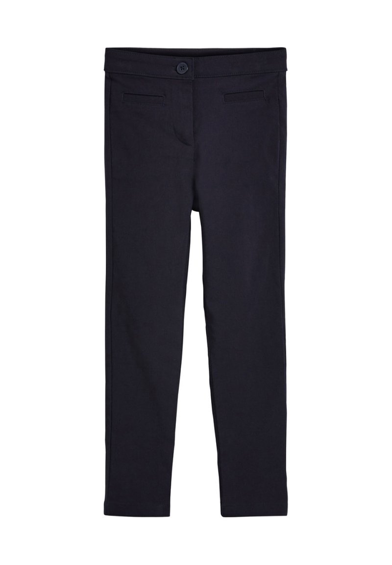 Pantaloni blu navy scuri con una texture liscia, design slim fit, chiusura con bottone e due tasche frontali. Stile semplice e versatile.