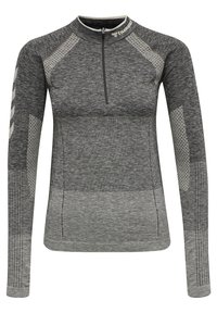 Camiseta deportiva de manga larga gris con cremallera de medio largo en la parte delantera, paneles texturizados y diseño ajustado. Presenta un patrón hexagonal en los laterales.