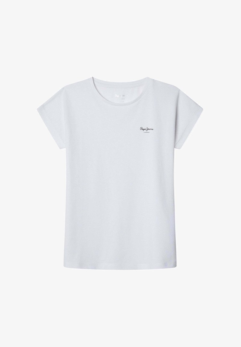 Bílý krátký rukáv tričko vyrobené z měkké bavlny. Má kulatý výstřih a malé černé logo v horní části na levé straně.