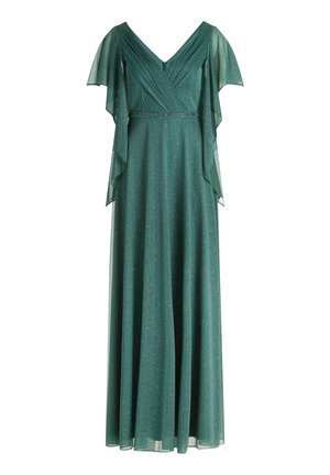 Abito lungo verde glitter con scollo a V, corpino incrociato, vita decorata con perline e maniche svolazzanti trasparenti.