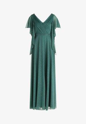 Robe longue verte scintillante avec décolleté en V, corsage croisé, taille perlée et manches flottantes transparentes.
