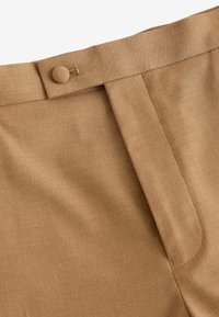 Brązowe spodnie w stylu tailor wykonane z gładkiej tkaniny, z płaskim przodem, subtelnym zakładkiem i okrągłym zapięciem na guzik w pasie. Gładka tekstura i czyste linie.