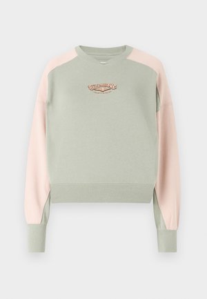 Hellgrüner Sweatshirt mit pinken Ärmeln, gerippten Bündchen und Saum, mit gesticktem Logo in der Mitte. Weiche Stofftextur.