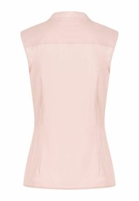 Ärmløs blouse med krave i lyserødt stof. Glat tekstur med en tætsiddende silhuet og dart-sømme på ryggen. Rent, minimalistisk design.