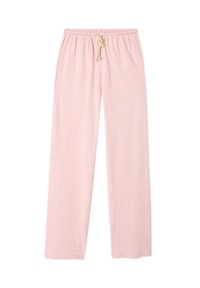 Pantalons de détente en coton rose clair, à coupe ample, avec une taille élastique et un cordon de serrage. Texture lisse, design full-length.