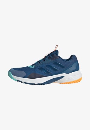 Blue athletic shoe with mesh upper, three black stripes, teal accents, white midsole, and textured rubber outsole in orange and teal.