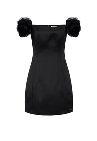 Abito in satin nero senza spalline con vestibilità strutturata e due decorazioni floreali sulle maniche. Presenta una zip nascosta nella parte posteriore.