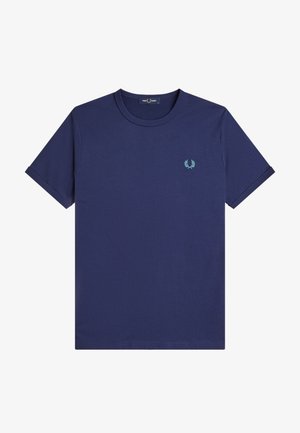 Marineblå T-shirt med korte ærmer og rund hals, med et lille lyseblåt laurbærkronelogo på venstre bryst.