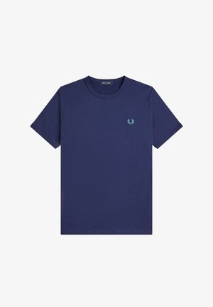 T-shirt bleu marine à manches courtes avec col rond et petit logo couronne de laurier bleu clair sur le côté gauche de la poitrine.