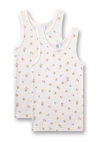 White cotton tank tops featuring a floral pattern in pink, yellow, and brown. Double-layered with soft stitching around the arms and neckline.