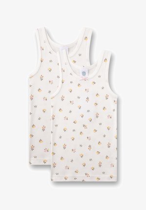 Weiße Baumwoll-Trägertops mit einem floralen Muster in Rosa, Gelb und Braun. Doppellagig mit weicher Nahtverarbeitung um Arme und Ausschnitt.