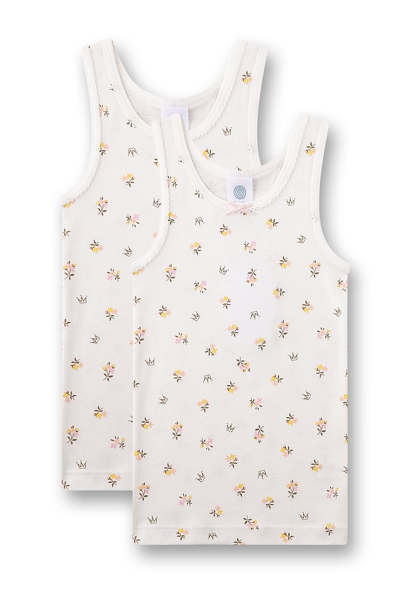 White cotton tank tops featuring a floral pattern in pink, yellow, and brown. Double-layered with soft stitching around the arms and neckline.