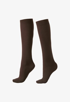 Braune knielange Socken mit gerippter Textur und elastischen Bündchen. Hergestellt aus einem weichen Stoff, geeignet für den täglichen Gebrauch.